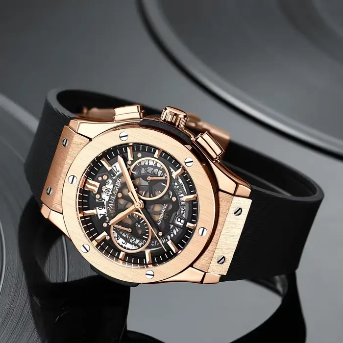 Montre-bracelet automatique de luxe pour homme avec chronographe squelette, or rose, argent, bronze, brun, café, ivoire, multicolore, or rose, or, occasion spéciale homme