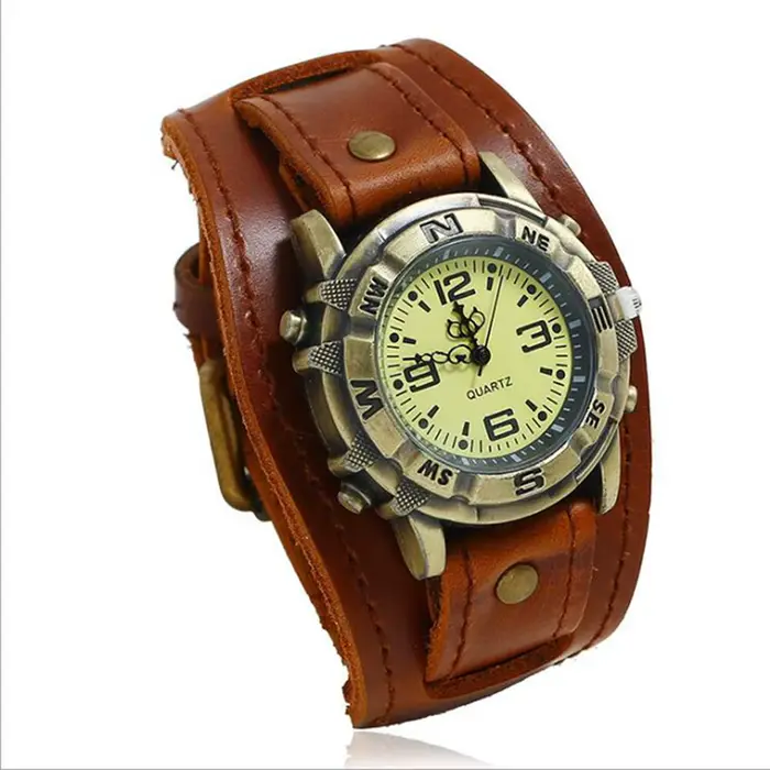 2025 Relogio rétro grand large Bracelet en cuir véritable montre hommes Punk Quartz manchette montre