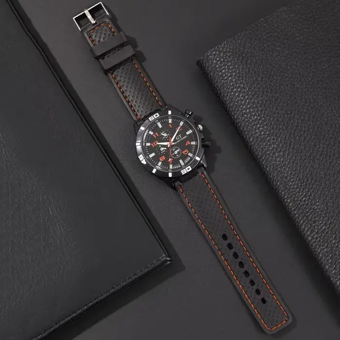 Montre à Quartz en cuir noir pour hommes