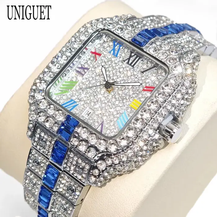 2025 marque de luxe hommes montre à Quartz mode arc-en-ciel numérique Rome cadran calendrier étanche Hip Hop diamant montre-bracelet pour homme cadeau