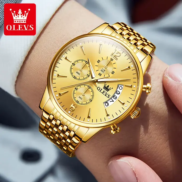 Montre de sport OLEVS en acier inoxydable avec mouvement Quartz, fonctionnalités chronographe et calendrier complet, résistante à l'eau, pour homme occassions sportives et mode