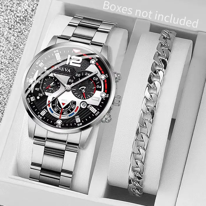 2 pièces hommes montres d'affaires mode bande en acier mâle analogique Quartz montre Bracelet ensemb