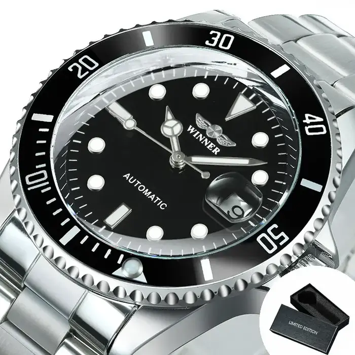 Montres mécaniques T-WINNER pour hommes avec mouvement automatique, résistance à l'eau, lunette rotative et bracelet en acier inoxydable pour occasions spéciales