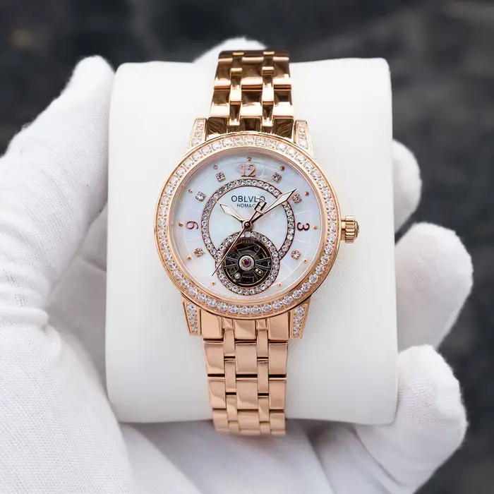 OBLVLO Style élégant or Rose diamants cadran vadrouille avec Tourbillon montre habillée automatique 