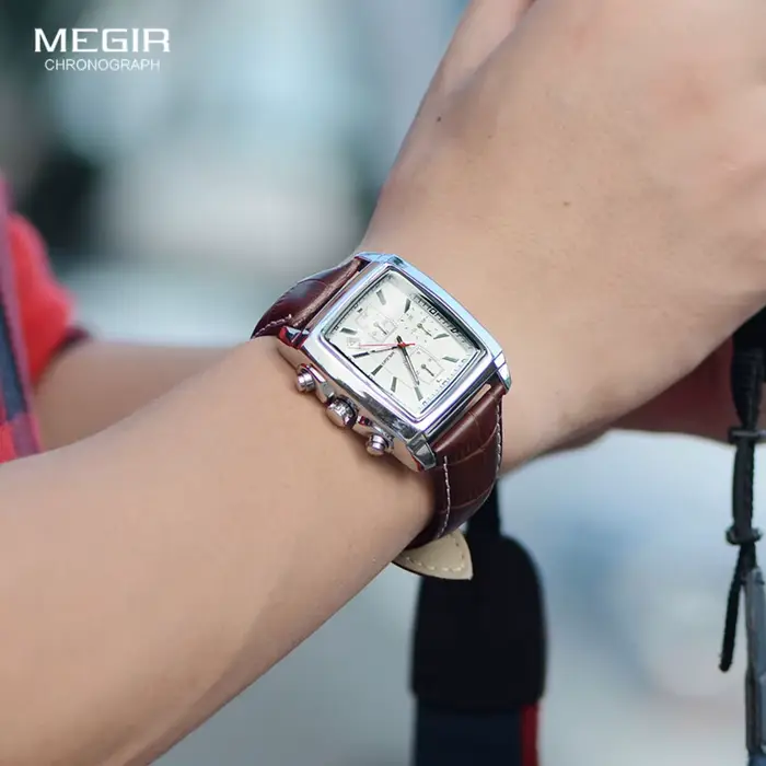 Megir cadran rectangulaire bracelet en cuir Montre pour hommes décontracté bleu chronographe montres à Quartz homme
