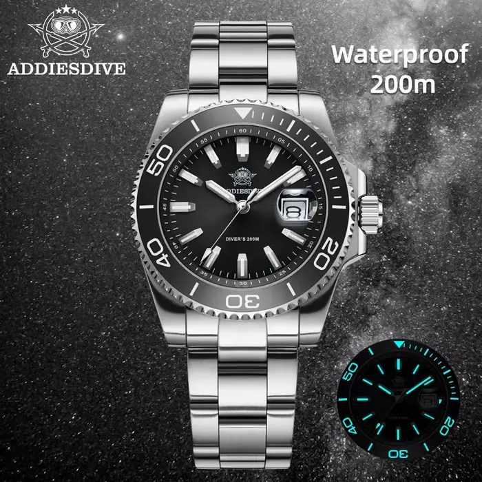 ADDIESDIVE nouvelle montre de plongée de luxe pour hommes AD2510 41mm BGW9 cadran en émail lumineux couronne à visser bracelet en acier inoxydable Durable