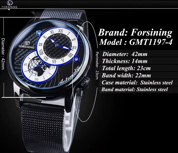 Forsining Top marque 2 yeux hommes squelette automatique montre mécanique mode Style décontracté avec maille en acier unique deuxième entraînement