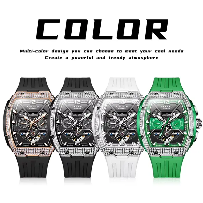 GELATU 6016 montre mécanique automatique haut de gamme plein diamant pour hommes multifonction bracelet en Silicone