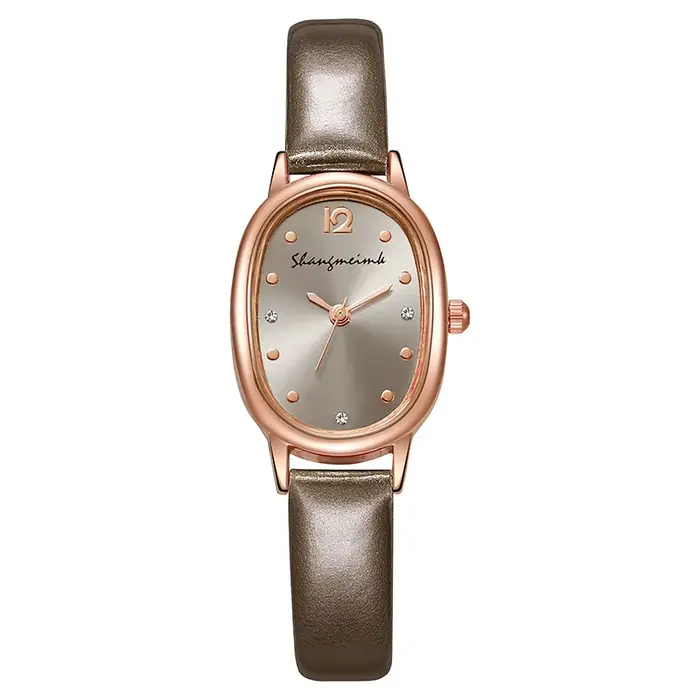 Montre ovale minimaliste vintage pour femme, bracelet en cuir, design de niche, montre-bracelet à qu