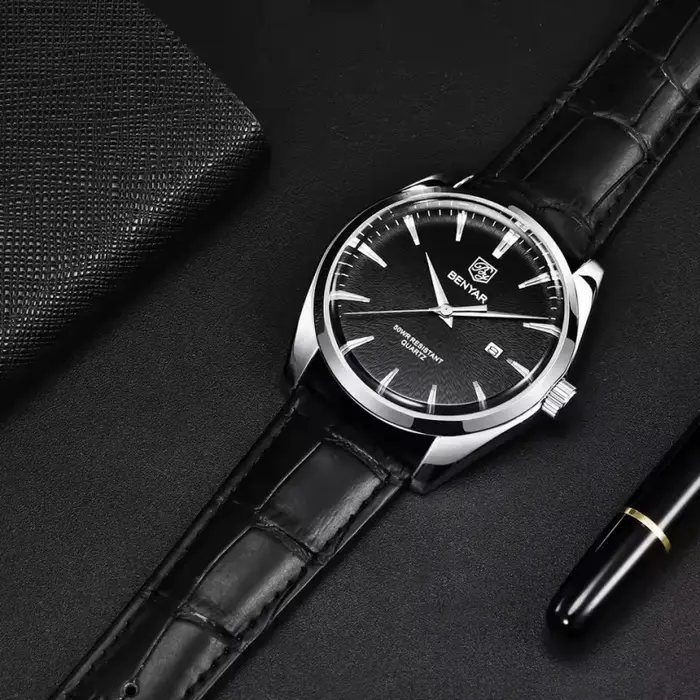 Montre en cuir Benyar 5163 Quartz étanche pour hommes avec boucle ardillon et calendrier complet style militaire occasionnels spéciaux