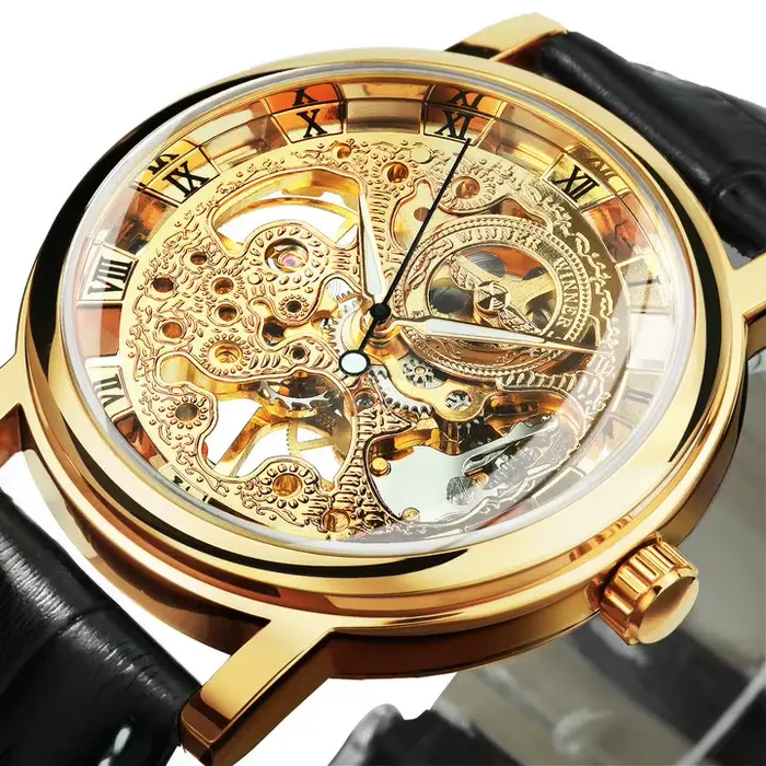 Gagnant-Montre Seton avec boîtier doré transparent pour homme, montres à bracelet en cuir, horloge m