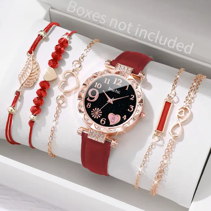 6 pièces/ensemble mode coeur cadran montre pour femme bracelet en cuir décontracté analogique Quartz