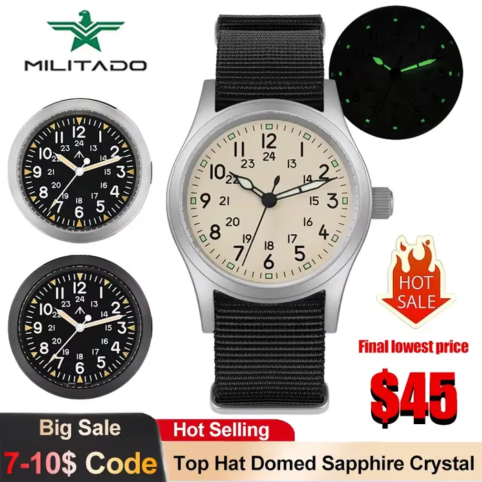 Militado ML05 montre militaire VH31 balayage mouvement à Quartz haut-de-forme dôme saphir cristal