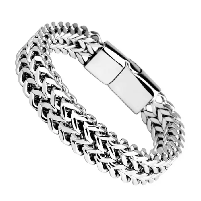 Bracelet en acier inoxydable tressé double rangée, motif écaille de poisson, avec fermoir magnétique