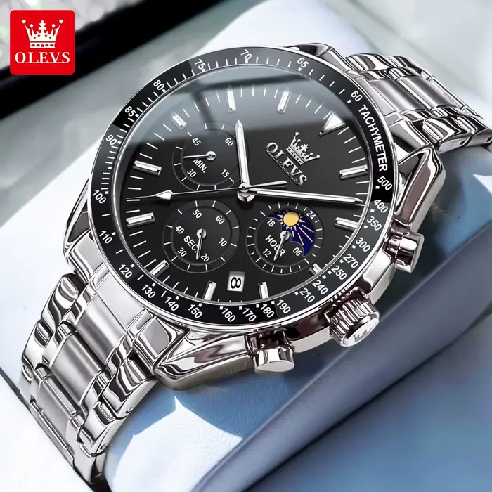 OLEVS 3618 étanche lumineux Date lune chronographe montres hommes de luxe en acier inoxydable montre à Quartz