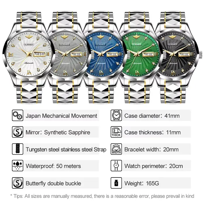 Montre mécanique homme en acier inoxydable avec bracelet en tungstène lumineuse pour occasions spéciales élégante à offrir