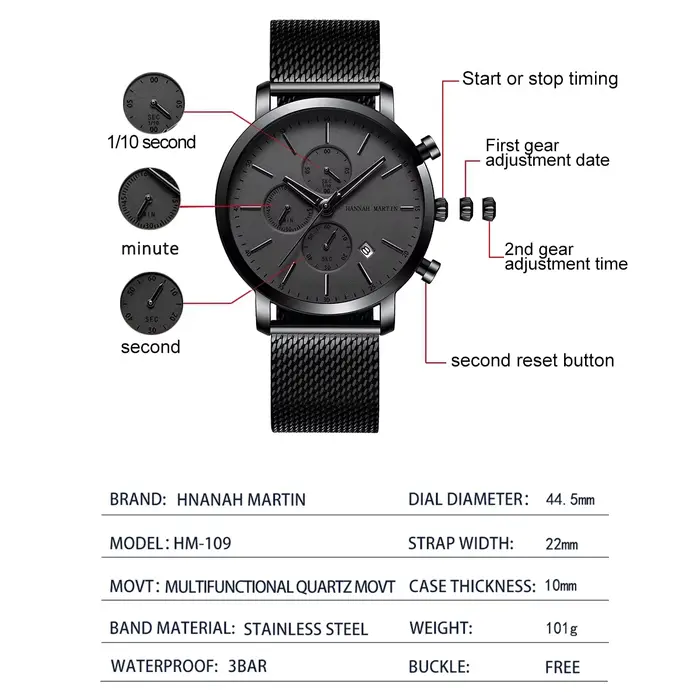 Montre Homme HANNAH MARTIN Noire Créative Multifonctionnelle Atmosphérique de Haute Qualité 40mm Géométrique Rêveuse AAA