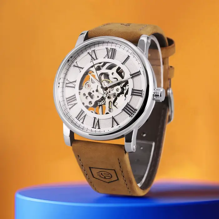 Montre Mécanique Manuelle Squelette Hommes Cuir Marron Élégante Pour Occasions Spéciales