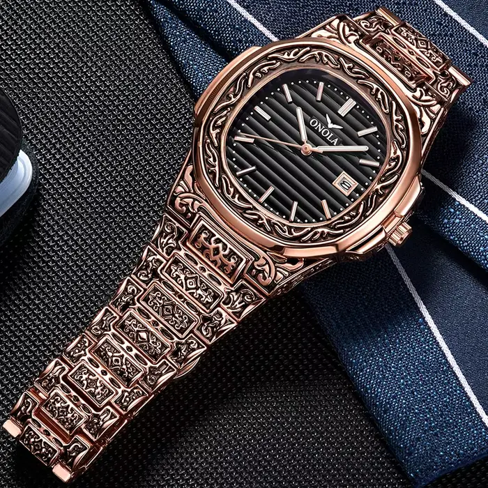 ONOLA rétro haut de gamme montre à Quartz hommes montre-bracelet étanche mode décontracté doré classique calendrier