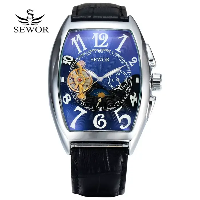 Montre SEWOR en acier inoxydable avec mouvement automatique pour homme, design tonneau, fonction lumineuse et résistance aux chocs, idéale pour toutes les occasions