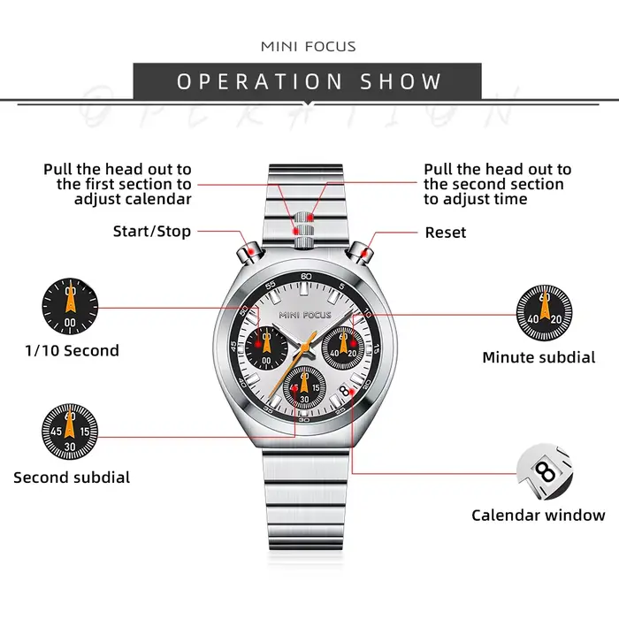 Montre multifonctionnelle MINIFOCUS en acier inoxydable avec calendrier complet et résistance à l'eau pour femmes mode et casual occasions spéciales