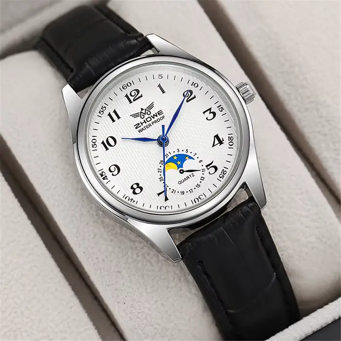Montre de luxe en cuir noir avec calendrier complet pour femmes, élégante et résistante à l'eau pour toutes les occasions