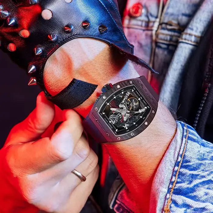 Montre homme Bonest Gatti en fibre de carbone avec mouvement automatique, tourbillon, squelette, résistance à l'eau, bracelet en caoutchouc pour occasions spéciales