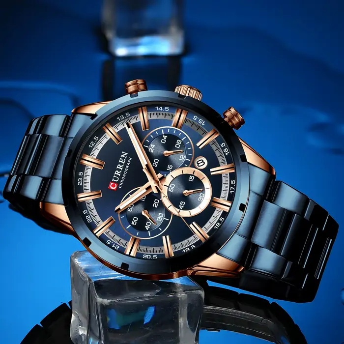 Curren montre pour hommes cadran bleu bracelet en acier inoxydable Date