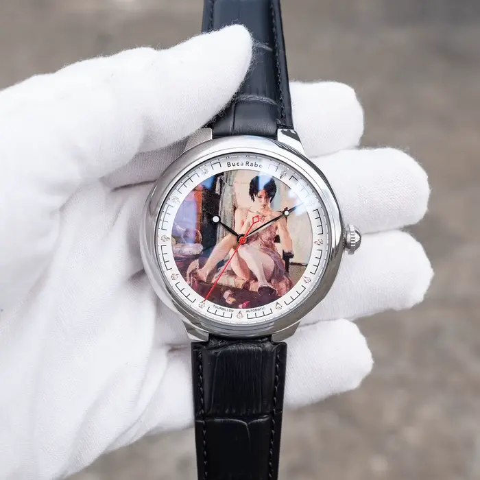 OBLVLO 45mm montre automatique pour hommes boîtier argenté bracelet en cuir noir montre mécanique classique avec motif de fille Sexy