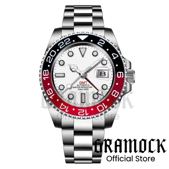 Gramock 40mm cadran blanc noir rouge GMT montre pour hommes montre-bracelet mécanique vert lumineux Date saphir acier plongée Reloj Hombre