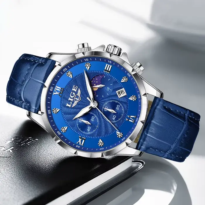 LIGE montre en cuir bleu hommes mode affaires montres militaires