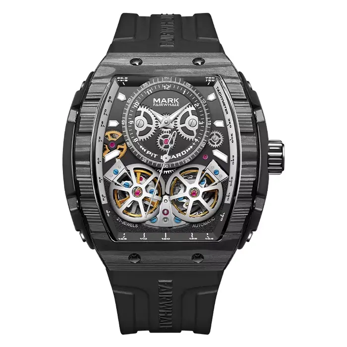 Montre automatique homme Mark Fairwhale, montre-bracelet mécanique tonneau, lunette en fibre de carb