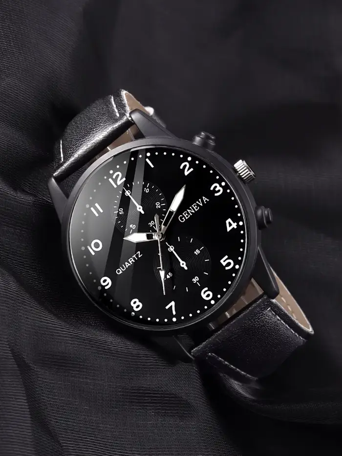 Ensemble montre à quartz en cuir PU pour homme avec portefeuille et stylo de signature