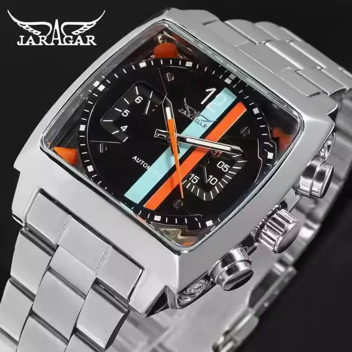 JARAGAR 569 rétro cadran carré Unique hommes automatique montre mécanique calendrier semaine bracelet en acier
