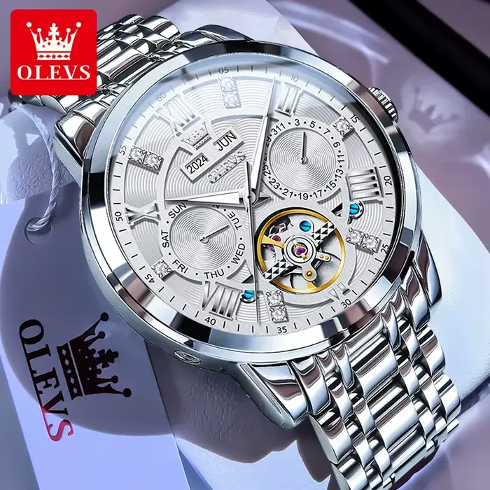 Montre OLEVS 6701 Acier Inoxydable Squelette Volant Automatique Étanche Pour Hommes Occasions Sportives Élégantes