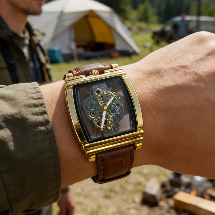 Montre de luxe carrée à quartz pour homme - Design rétro ajouré, bracelet en cuir, montre décontract