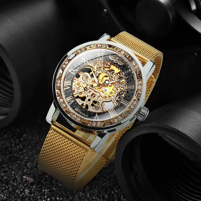 Montre rétro mécanique T-WINNER en acier inoxydable avec bracelet en cuir pour homme occassions spéciales vintage élégante