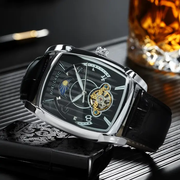 Tonneau Phase de lune montre automatique pour hommes marque de luxe Tourbillon squelette montres mécaniques ceinture en cuir aiguilles lumineuses horloge