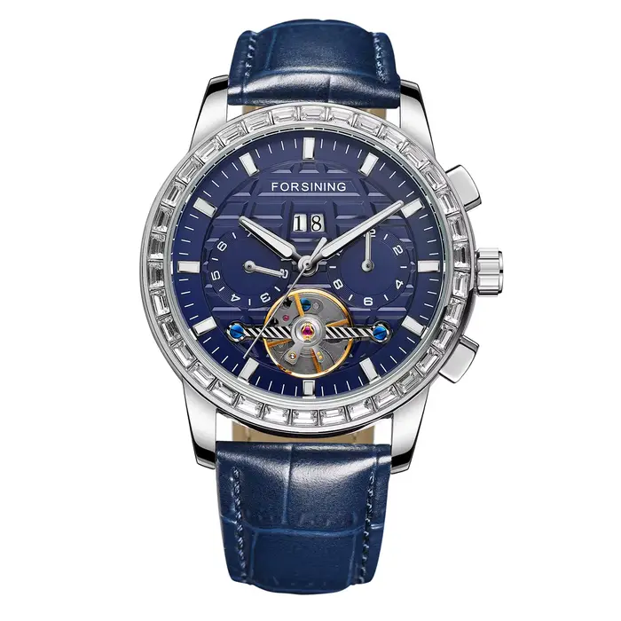 Nouveaux diamants hommes montres haut de gamme de luxe automatique mode bleu bracelet en cuir véritable Tourbillion affichage calendrier montre-bracelet