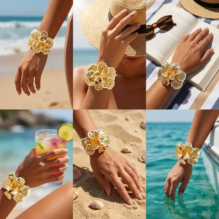 Bracelet ouvert exagéré en émail blanc à motif floral pour femme