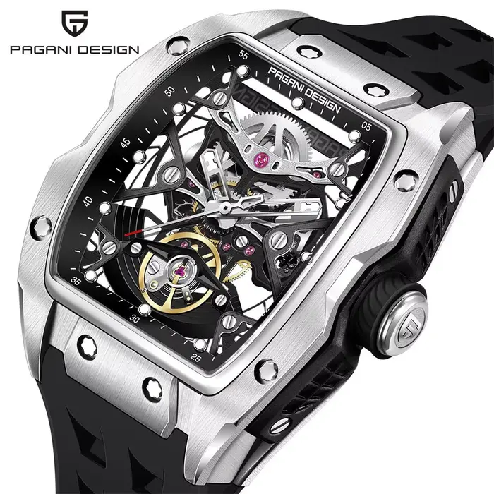 Montre-bracelet mécanique automatique pour homme en acier inoxydable saphir avec bracelet en caoutchouc pour occasions décontractées et élégantes