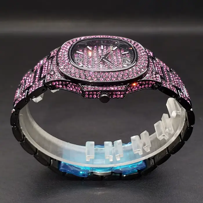 Montre Hip Hop en diamant rose pour hommes