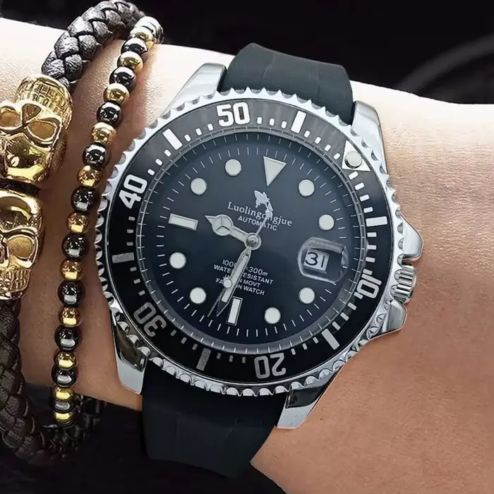 Montre LUOLINGONGJUE Mécanique Luxe Haut de Gamme Hommes Design Squelette Bracelet Silicone Cadran Rond Occasions Spéciales
