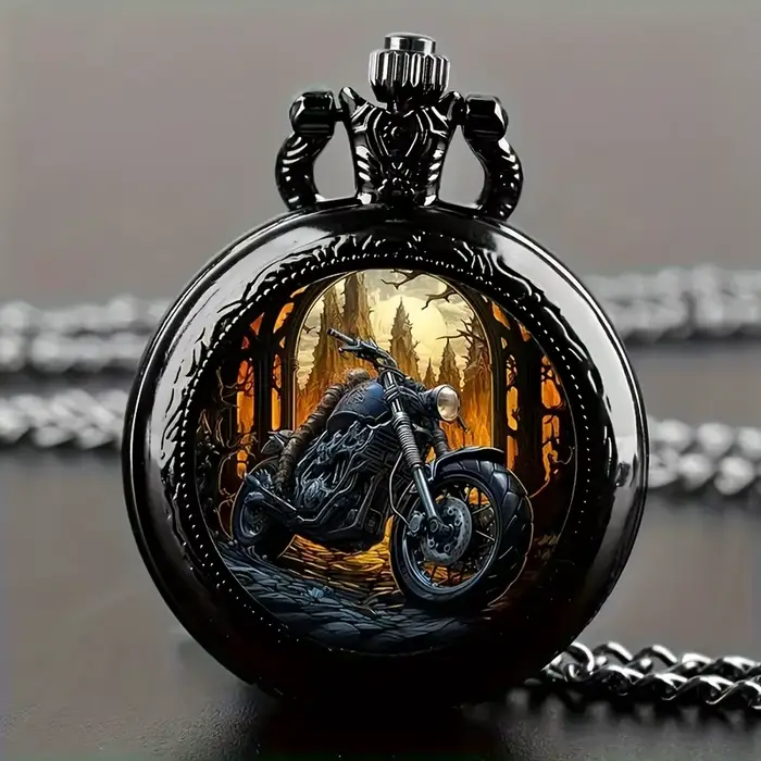 Montre de poche à quartz pour moto noire vintage, pendentif collier avec fonction heure mondiale, ca