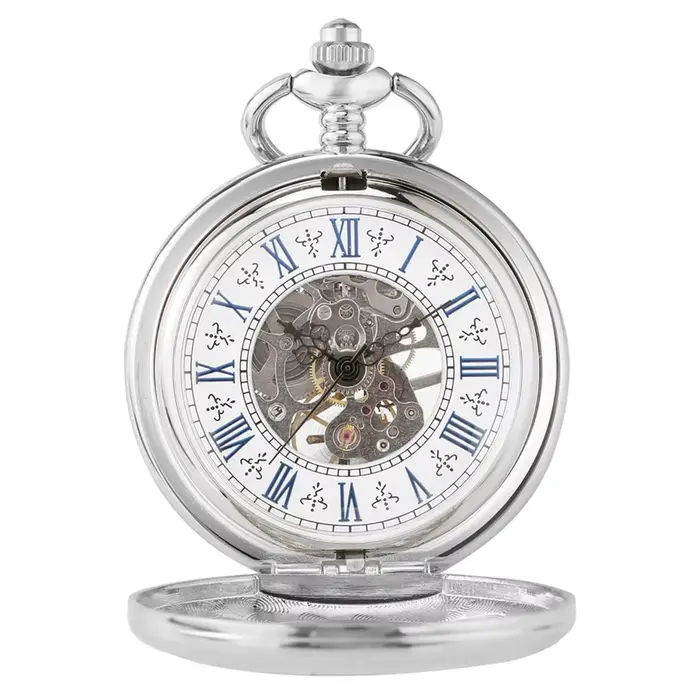 Montre de poche antique en argent mécanique avec mouvement ventilation manuel et affichage de chiffres romains bleus pour hommes et femmes occasions spéciales cadeaux pour personnes âgées