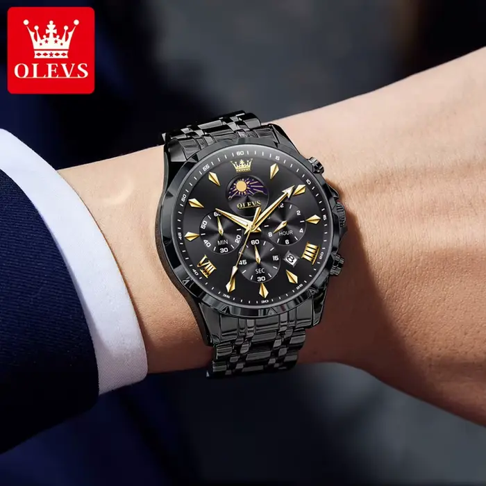 Montre homme OLEVS à Quartz avec affichage lunaire, résistance à l'eau et design élégant pour toutes occasions