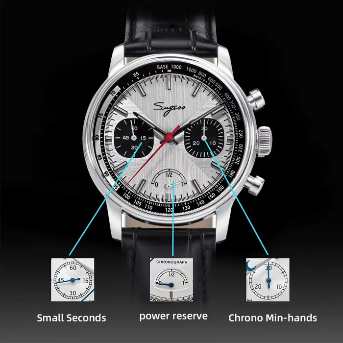 Sugess montre pilote hommes ST1906 mouvement main vent chronographe montres saphir étanche