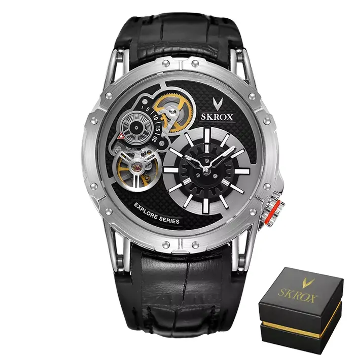 SKROX Style Punk grande taille double mouvements automatique homme montre Tourbillon étanche militai