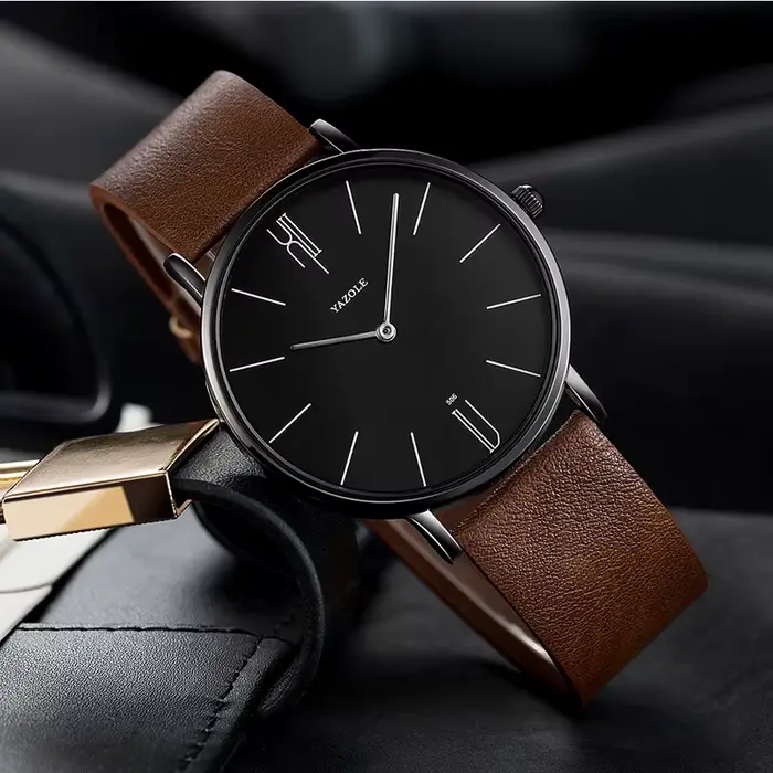 Montre JBAILI homme quartz en cuir simple décontractée pour affaires et occasions spéciales