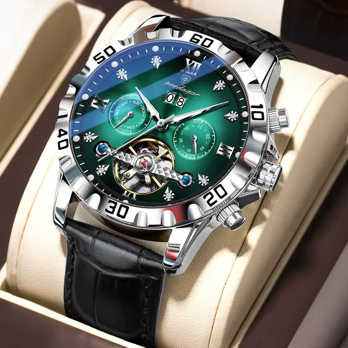 POEDAGAR Top luxe hommes montres Original mécanique en cuir hommes horloge Date semaine creux Tourbi